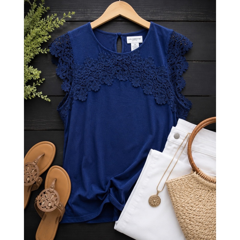 Liz Claiborne Petite Top Lace Trim Sleeveless PM Blue Cotton Modal Boho